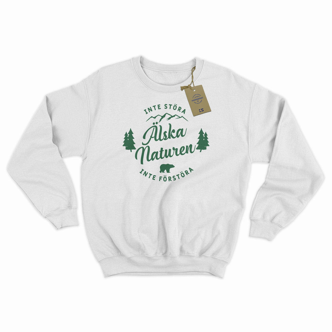 Älska Naturen | Tröja. Vit tröja med grönt tryck med texten älska naturen och inte störa, inte förstöra samt naturmotiv